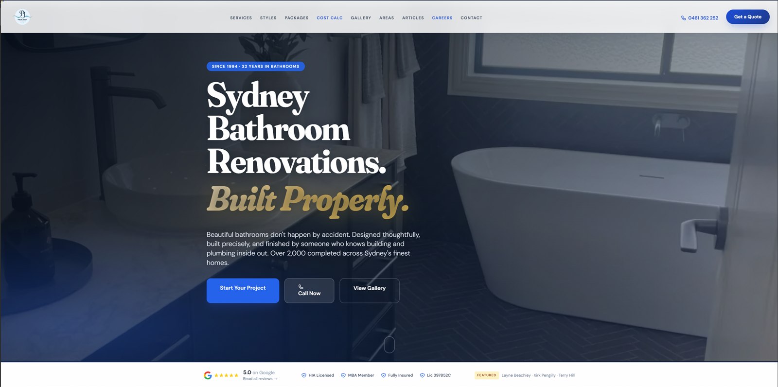 The rebuilt Patrick James Bathrooms homepage we designed and built